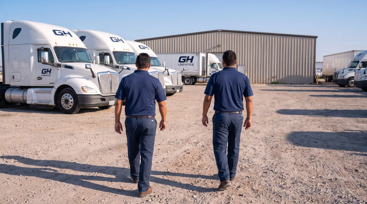 Two GH Logistics team members walking toward the fleet in the yard