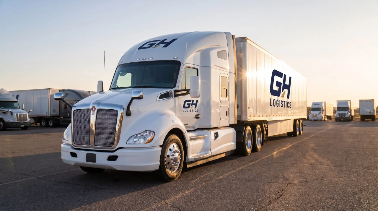 GH Logistics tractor-trailer in the yard at sunset