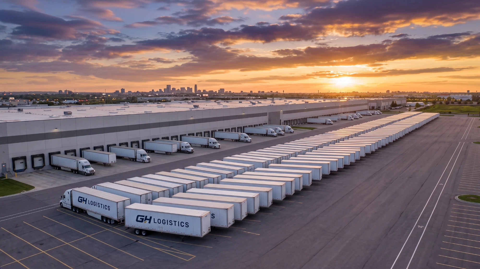 GH Logistics branded trailers lined up at a distribution center at sunset