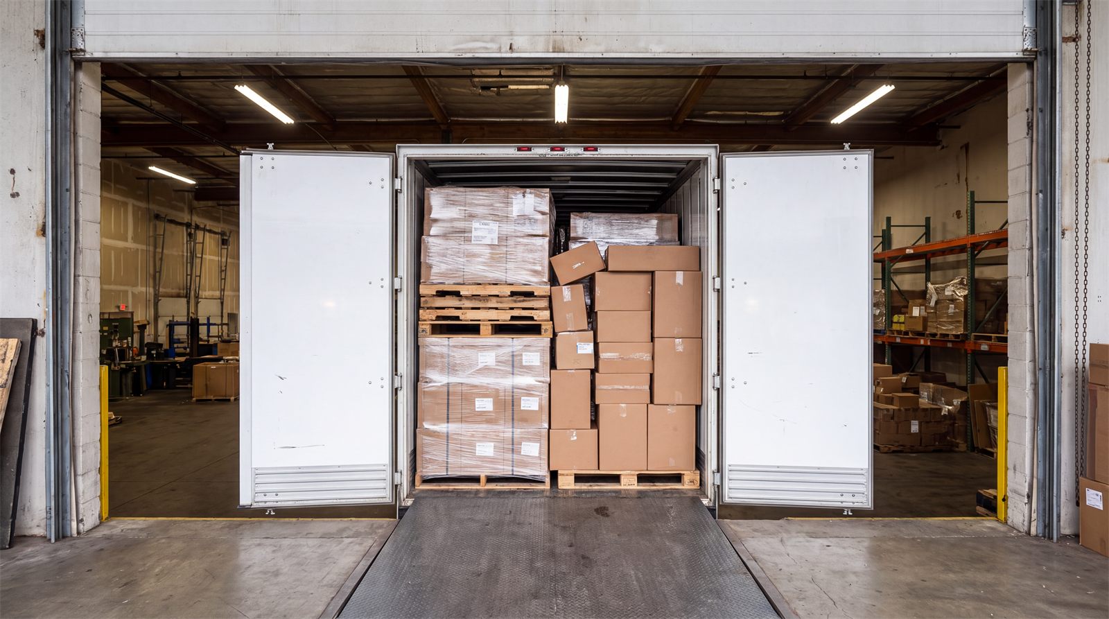 Open dry van doors at a dock with the trailer fully loaded with palletized freight