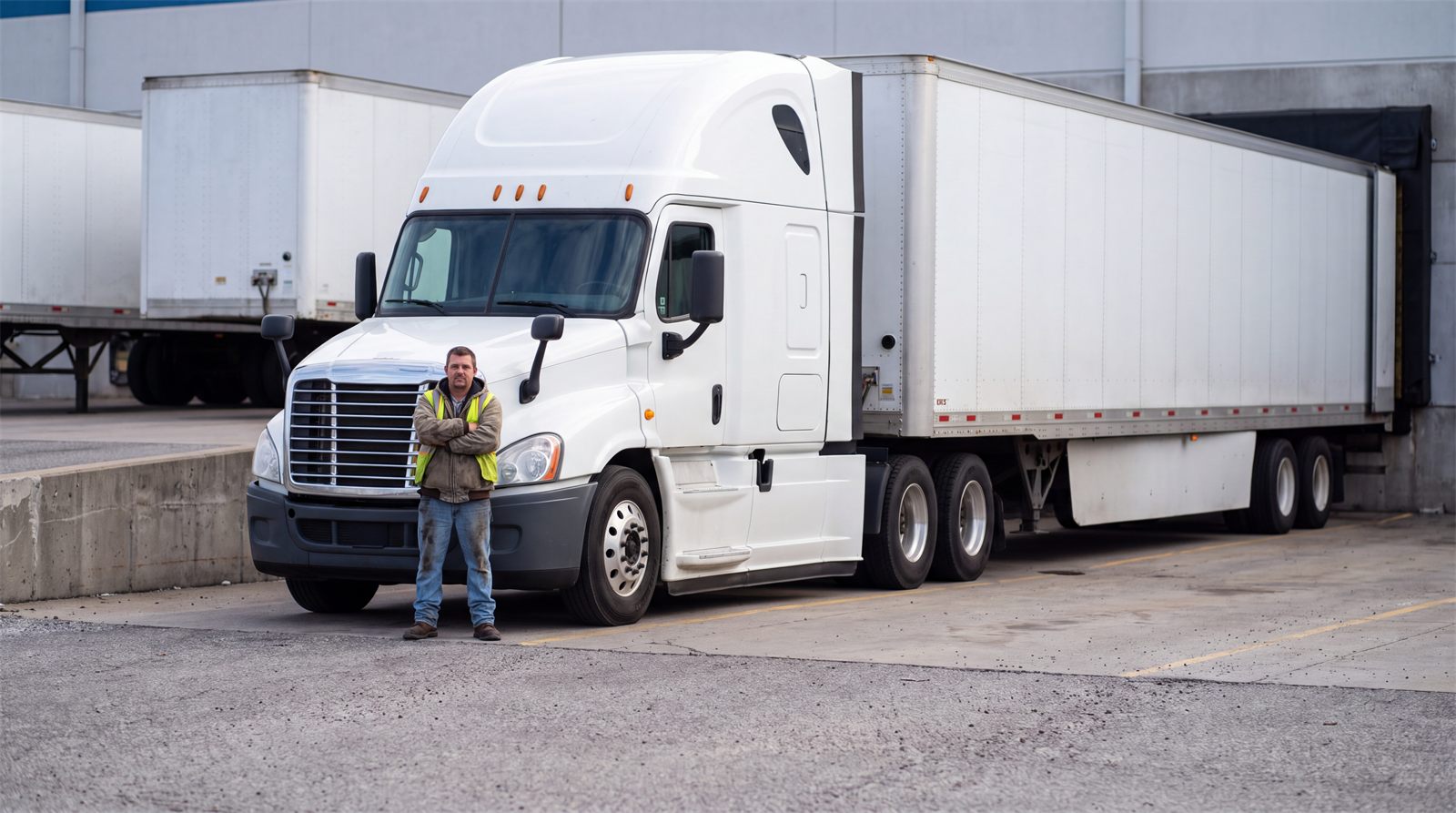 Driver standing in front of a white tractor and 53-foot dry van at a loading dock