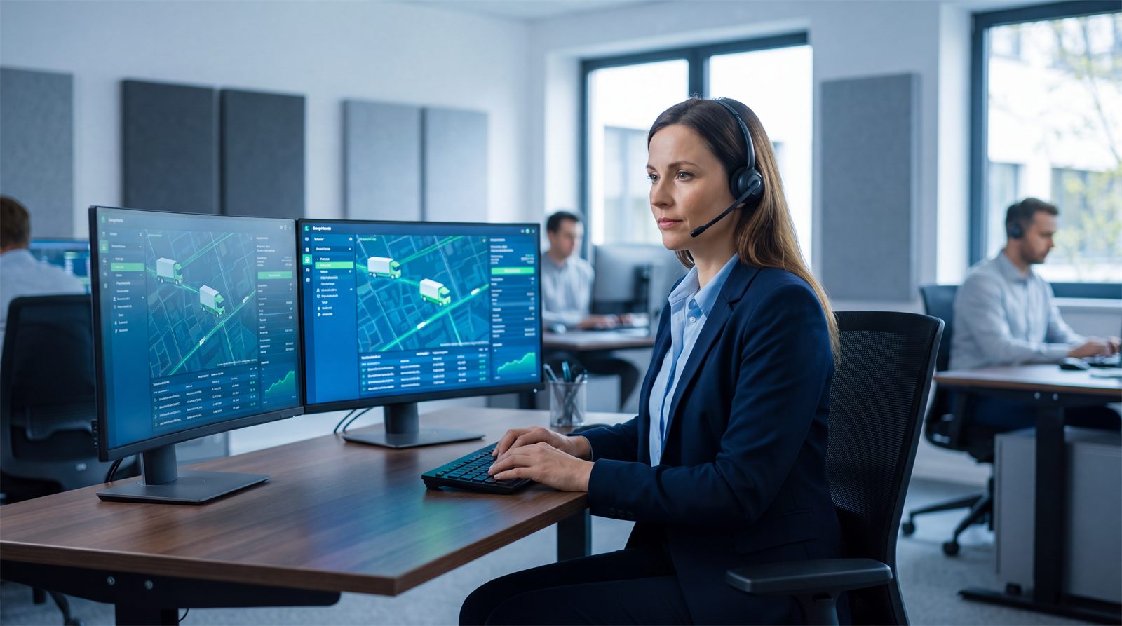GH Logistics dispatcher tracking trucks on GPS map screens