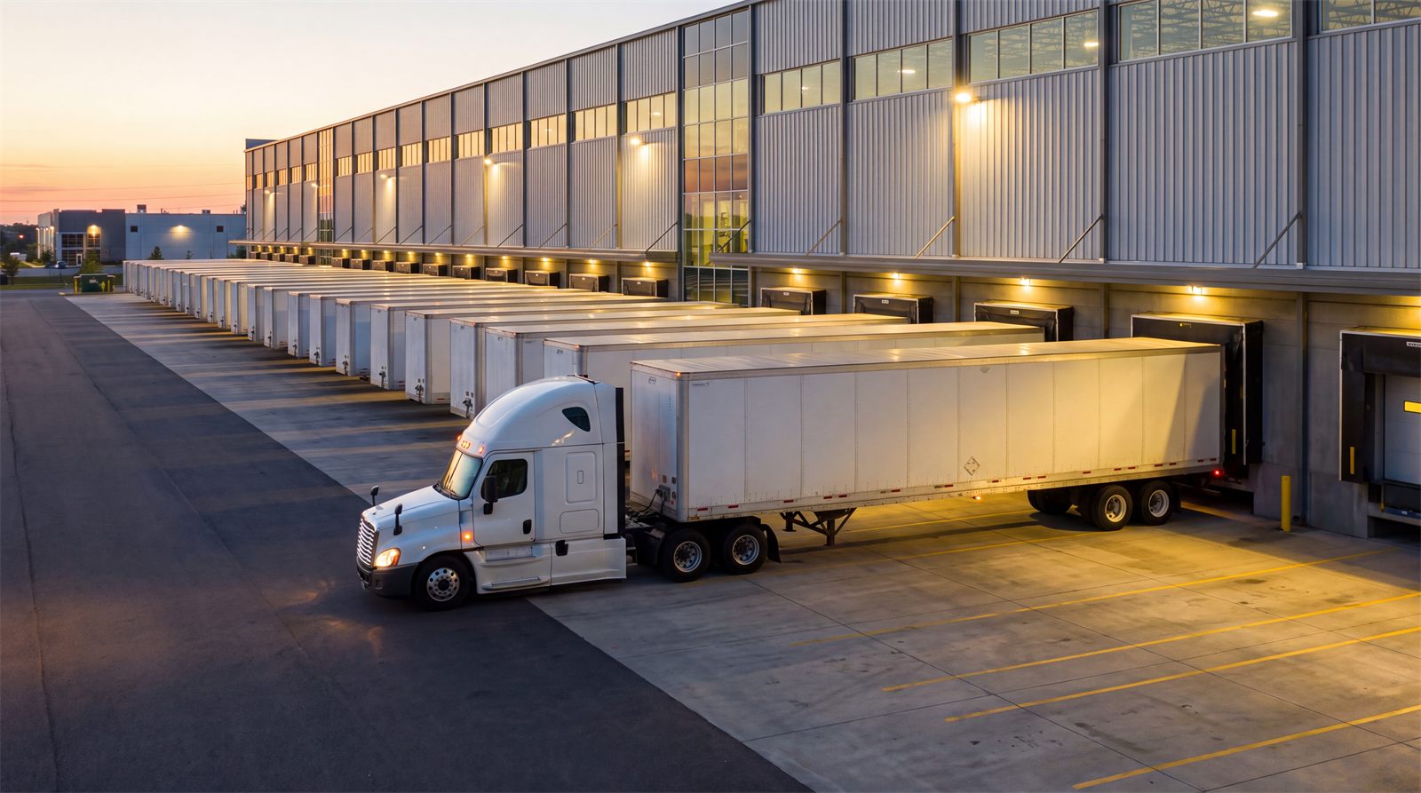 Row of dry van trailers dropped at a warehouse dock at dusk with a GH Logistics tractor pulling one away