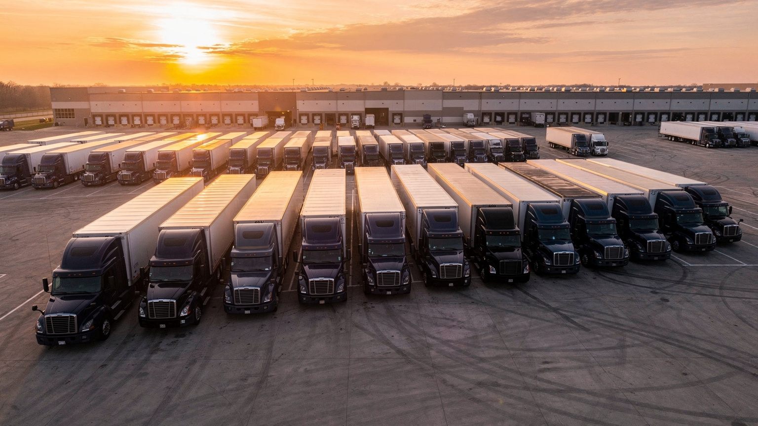 Rows of GH Logistics tractors and dry van trailers lined up at a distribution center at sunrise