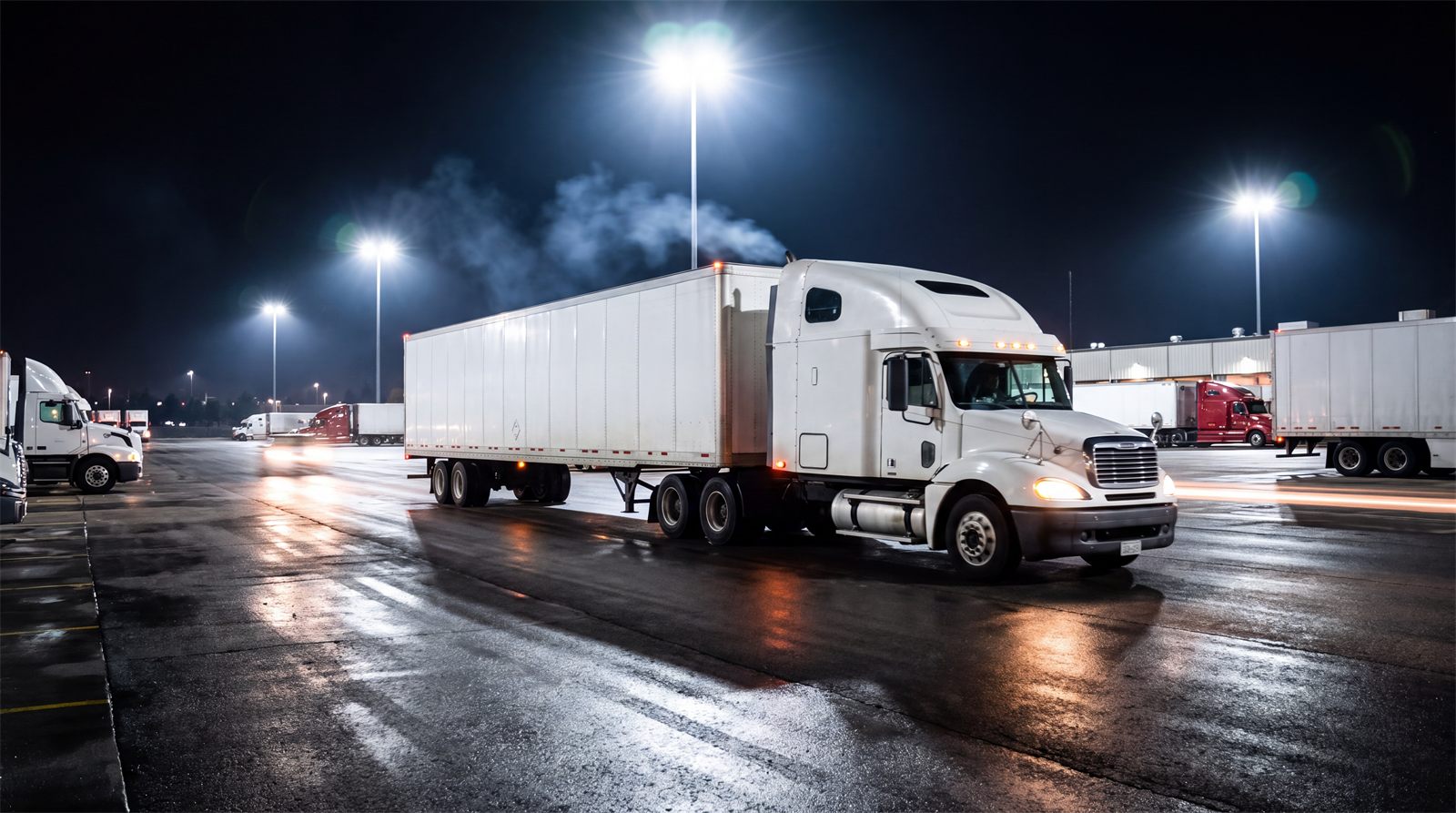 Tractor hooking a loaded trailer and leaving a lit yard at night