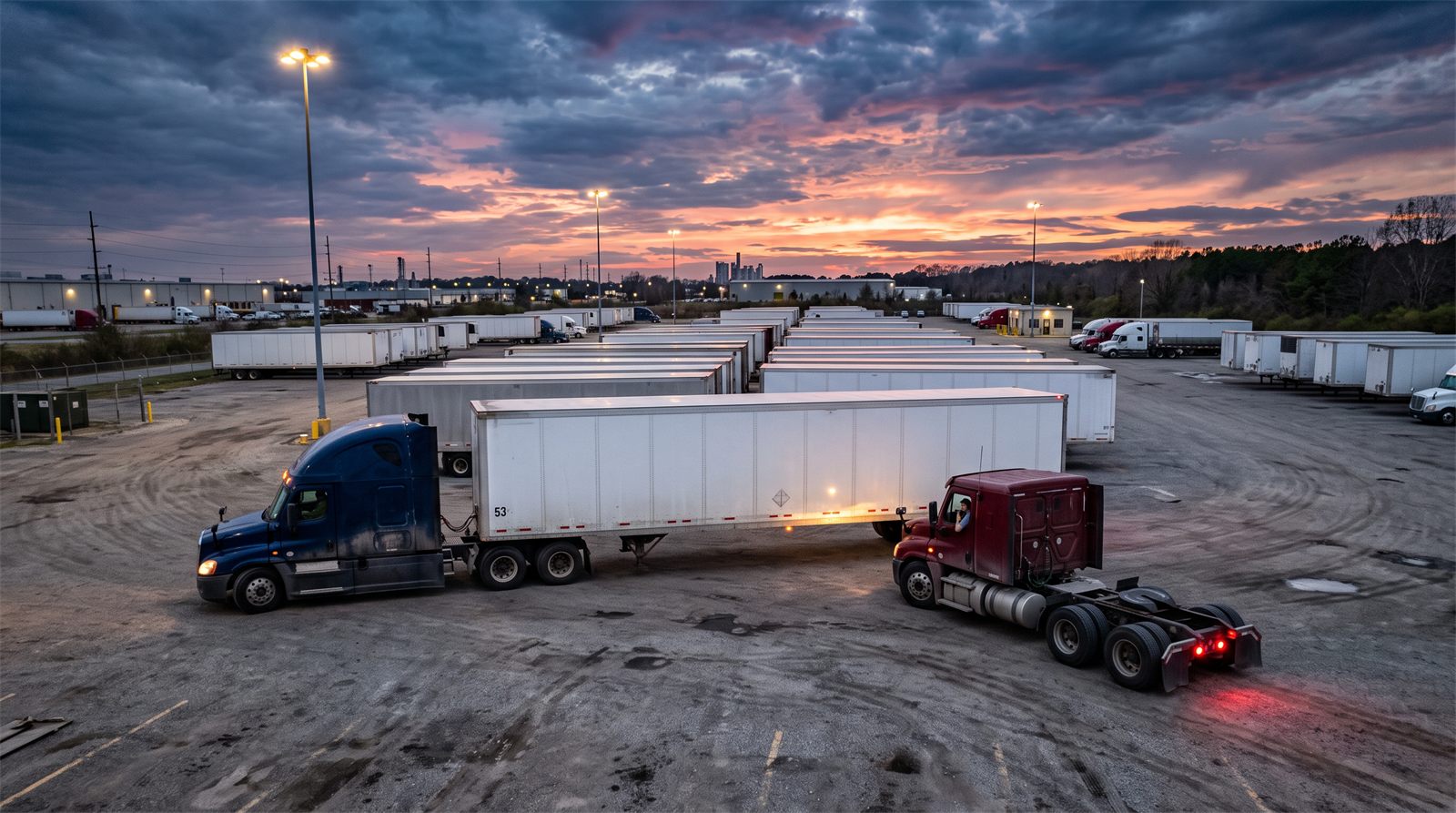Partner carrier tractor backing under a preloaded 53-foot trailer in a drop yard at dusk