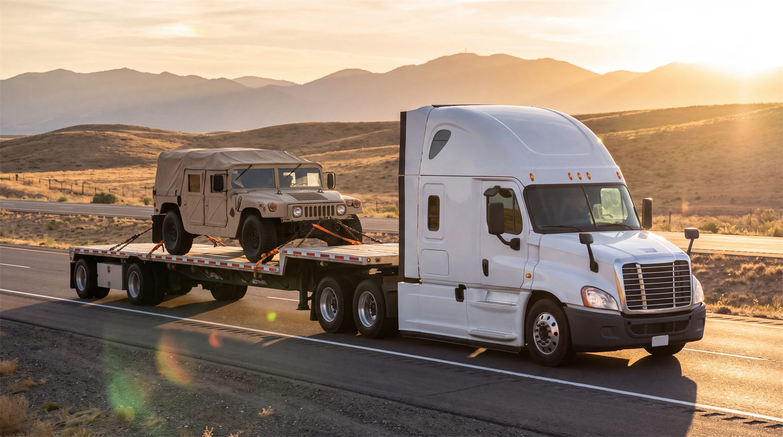 Flatbed truck hauling a tan military vehicle down the highway at sunset