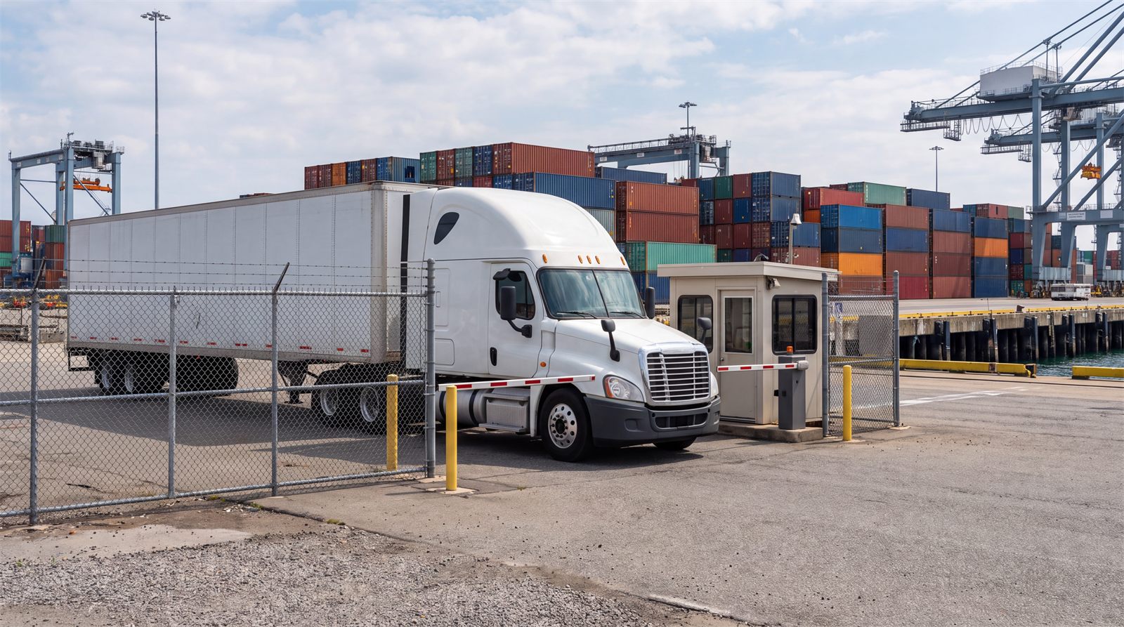 White dry van truck at a secure port gate with shipping containers behind it