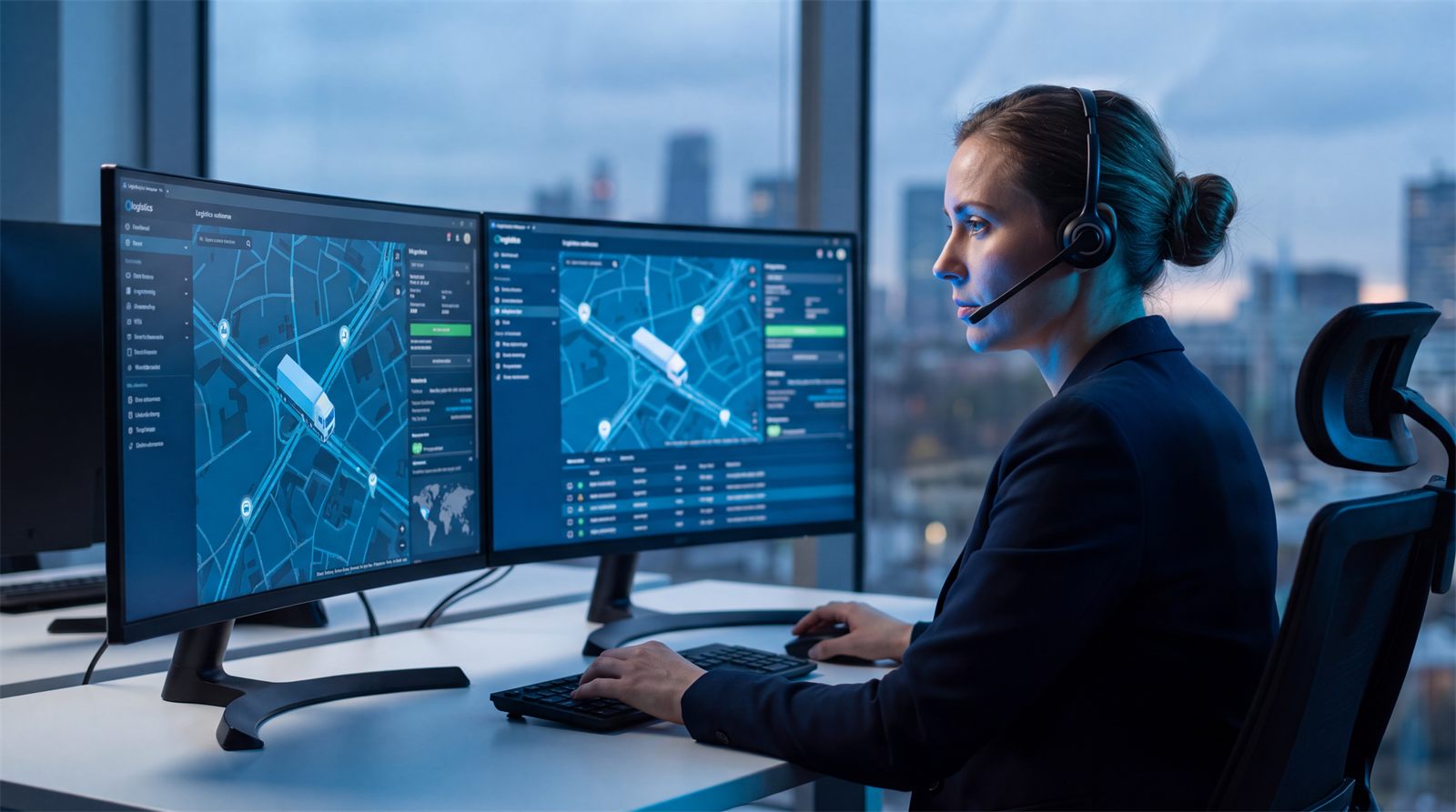 GH Logistics dispatcher with a headset tracking shipments on two map screens