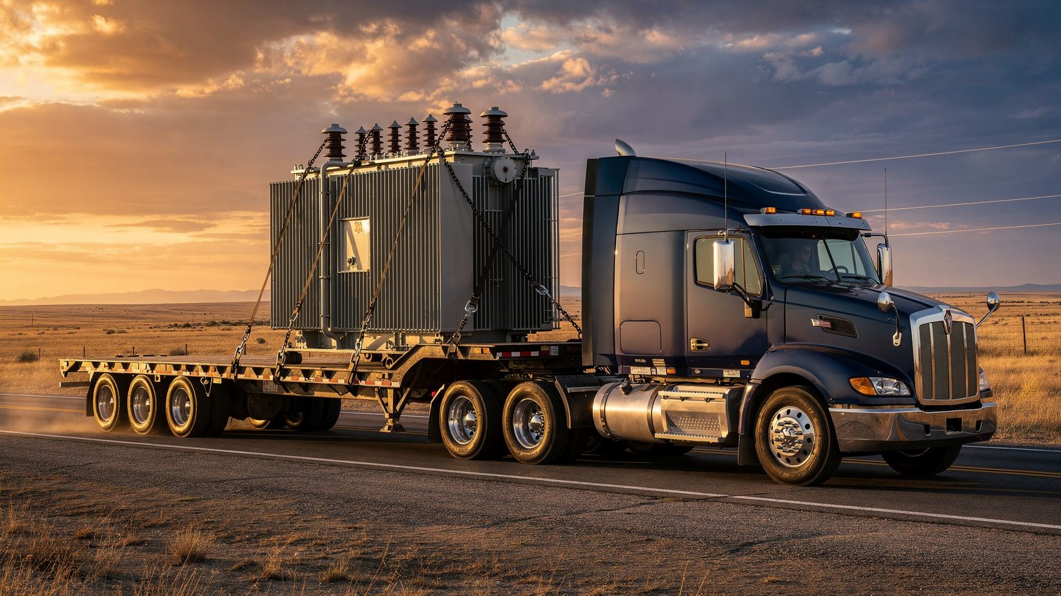 Flatbed hauling a chained-down electrical transformer down a highway at sunset