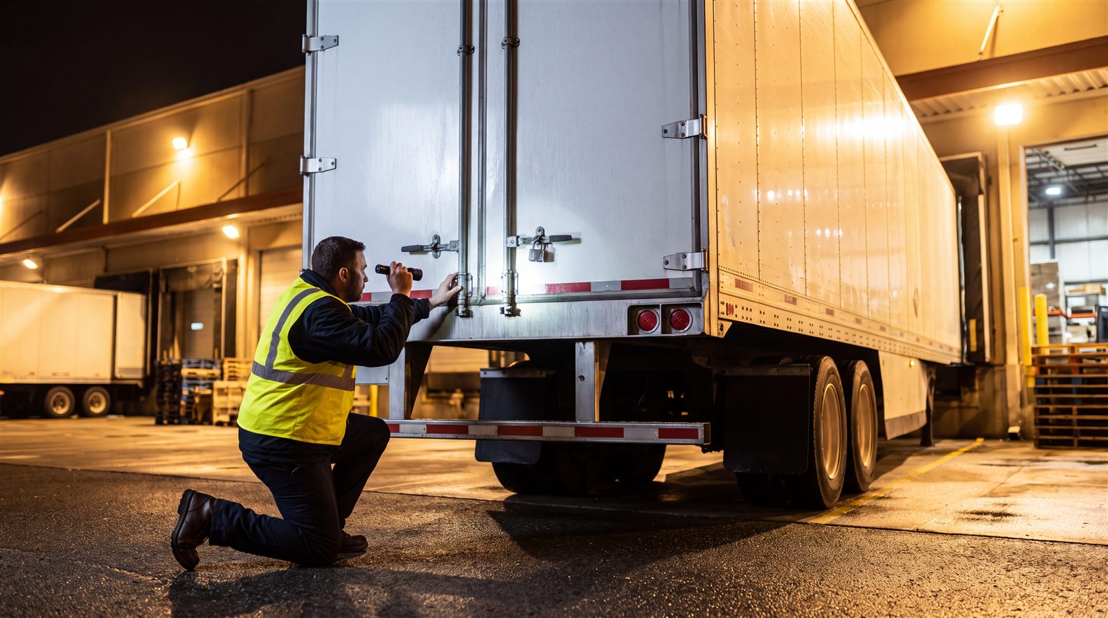 Worker in a safety vest checking the seal on a dry van trailer at a loading dock at night