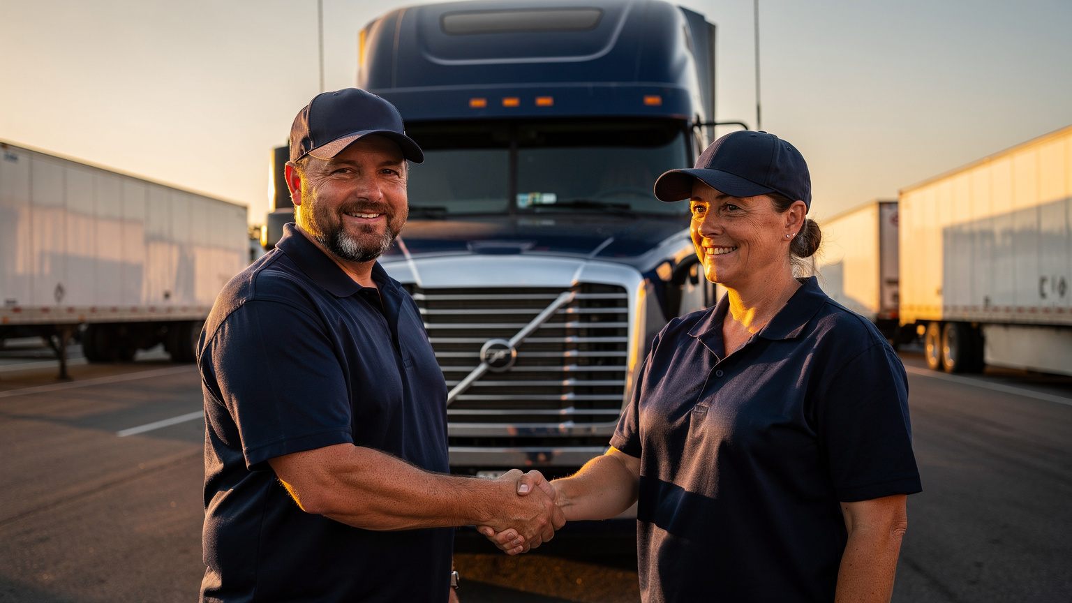 Two GH Logistics drivers in navy uniforms shaking hands in front of a tractor at sunset
