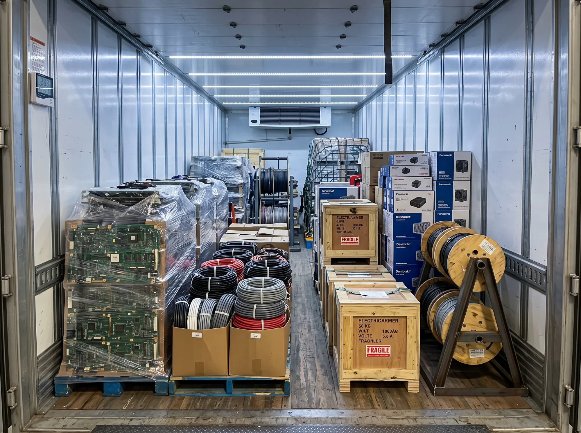 Electronics, circuit boards and cable reels loaded in a climate-controlled trailer