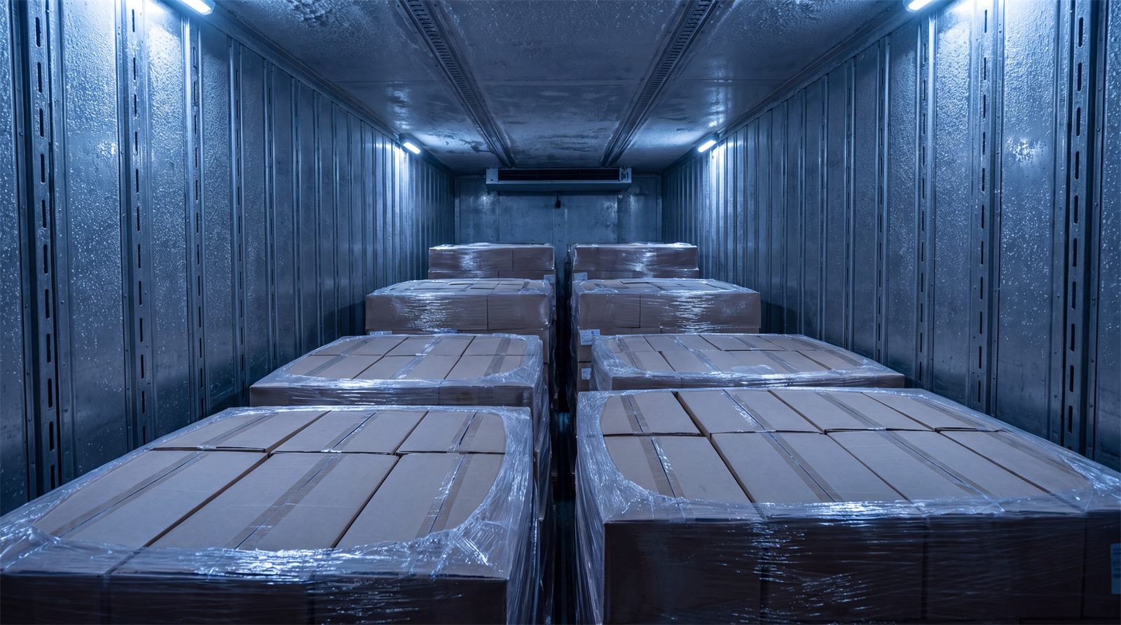 Frozen pallets inside a reefer trailer