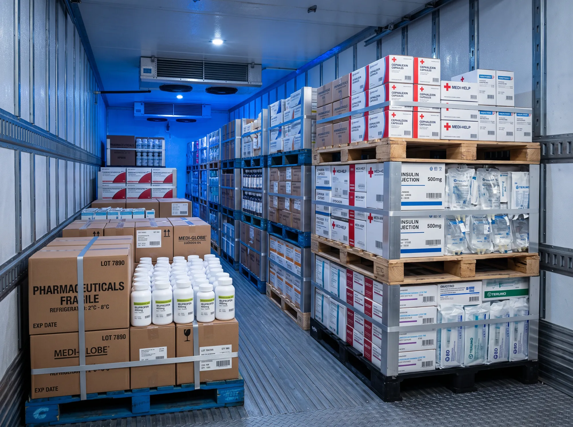 Palletized pharmaceuticals inside a temperature-controlled trailer