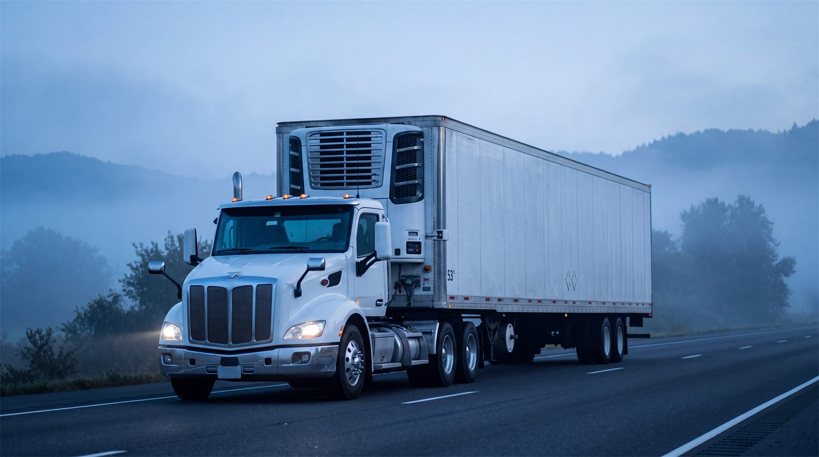 53-foot refrigerated trailer on the highway at dawn