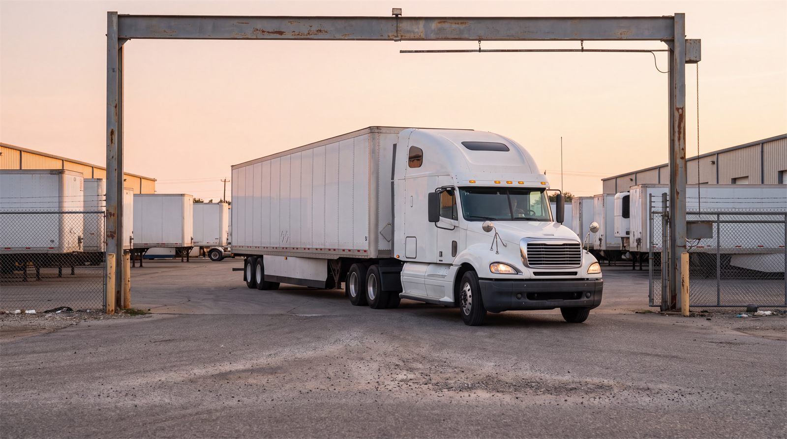 White GH Logistics tractor-trailer pulling out of a terminal yard