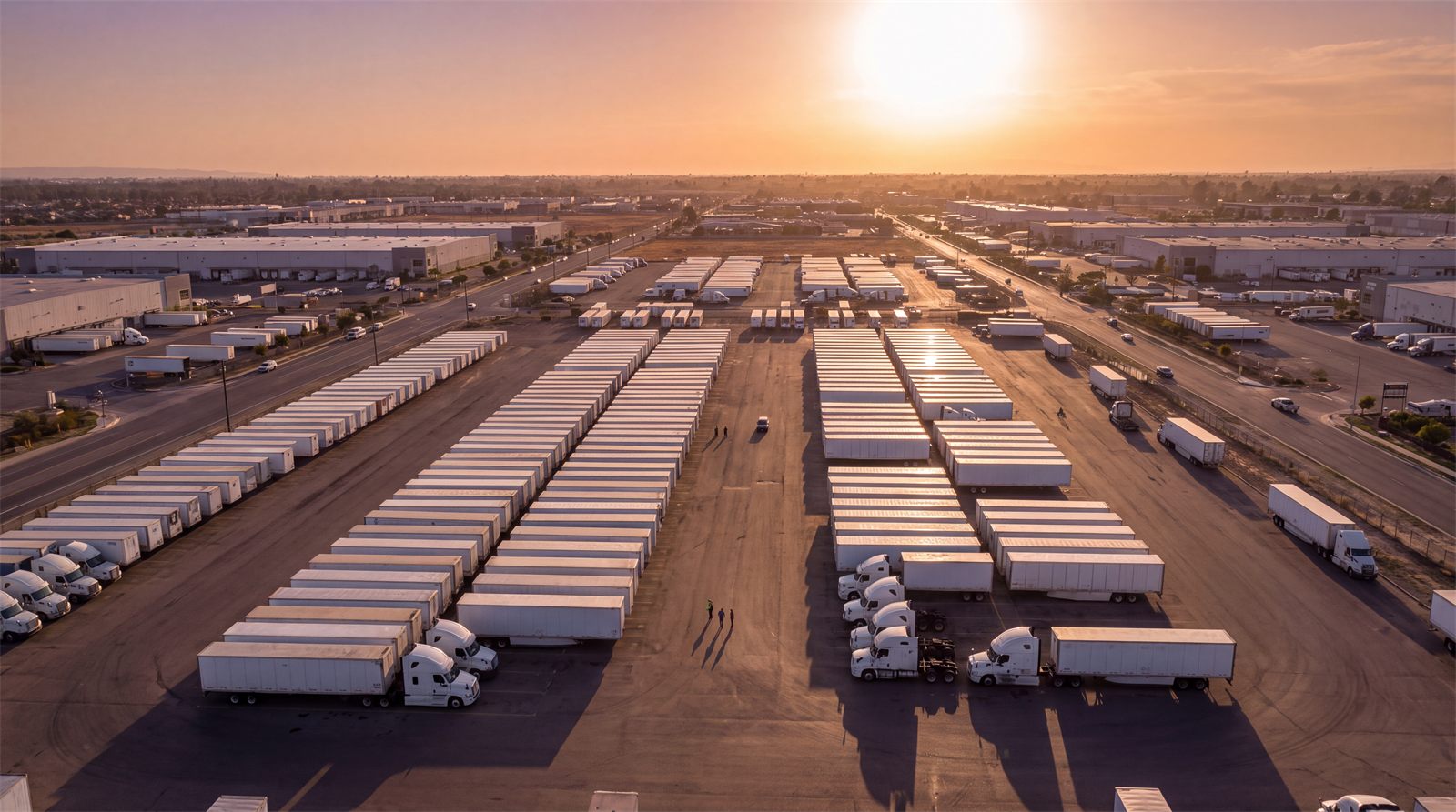 Aerial view of a GH Logistics truckload terminal yard with rows of dry van trailers at sunset