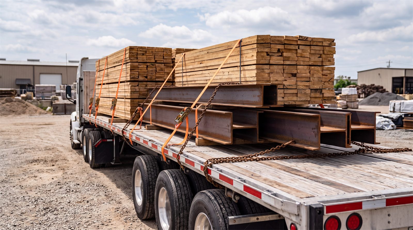 Flatbed trailer loaded with strapped lumber and steel beams