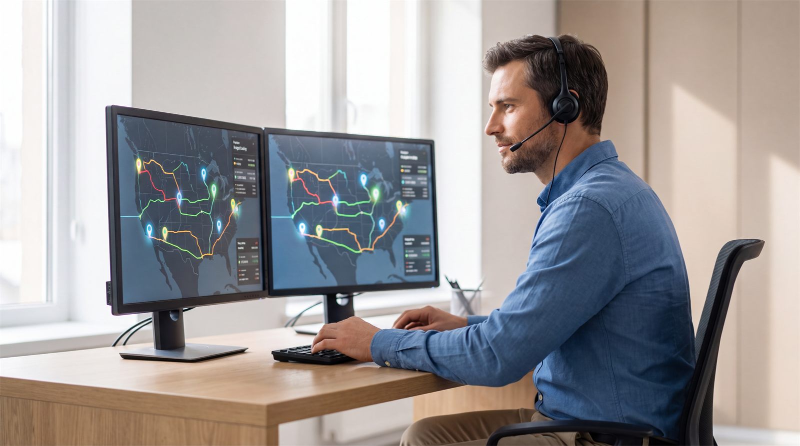 GH Logistics dispatcher with a headset tracking loads on two map screens