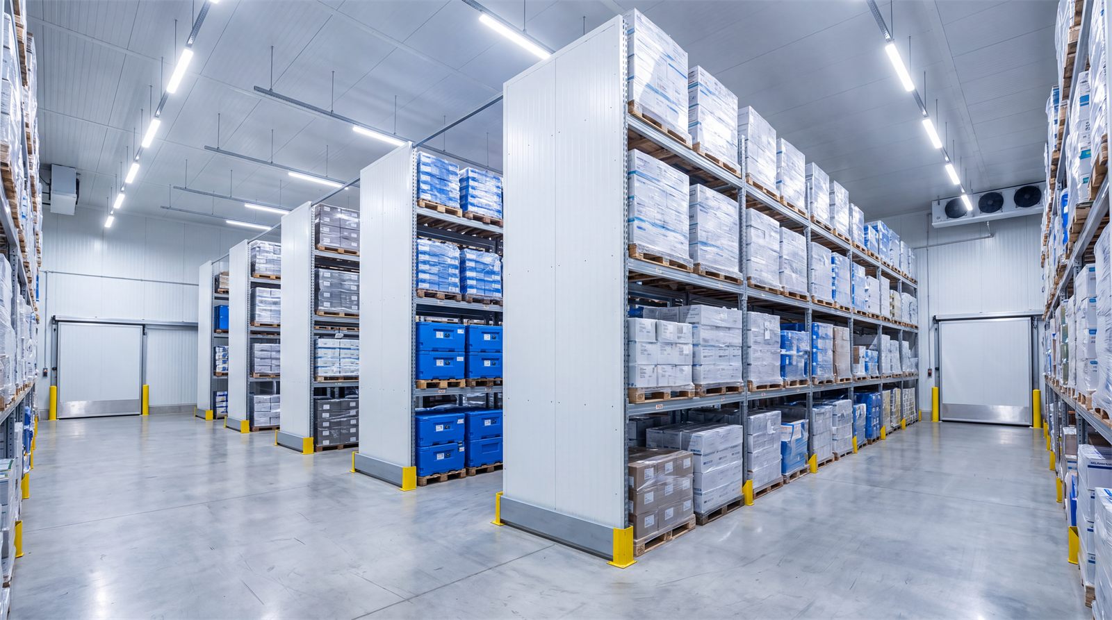 Temperature-controlled pharmaceutical storage room with racked, shrink-wrapped pallets