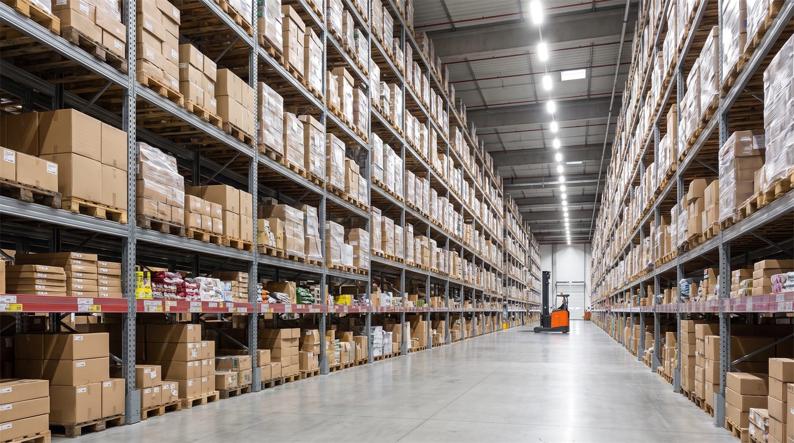 Warehouse aisle of racked cartons of retail merchandise with a forklift