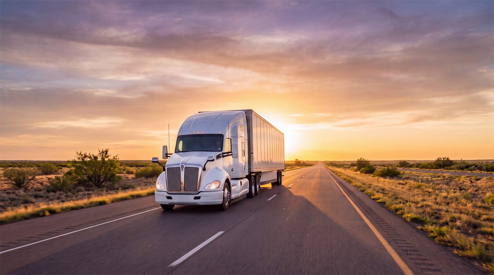 White tractor pulling a dry van trailer down an open highway at sunset