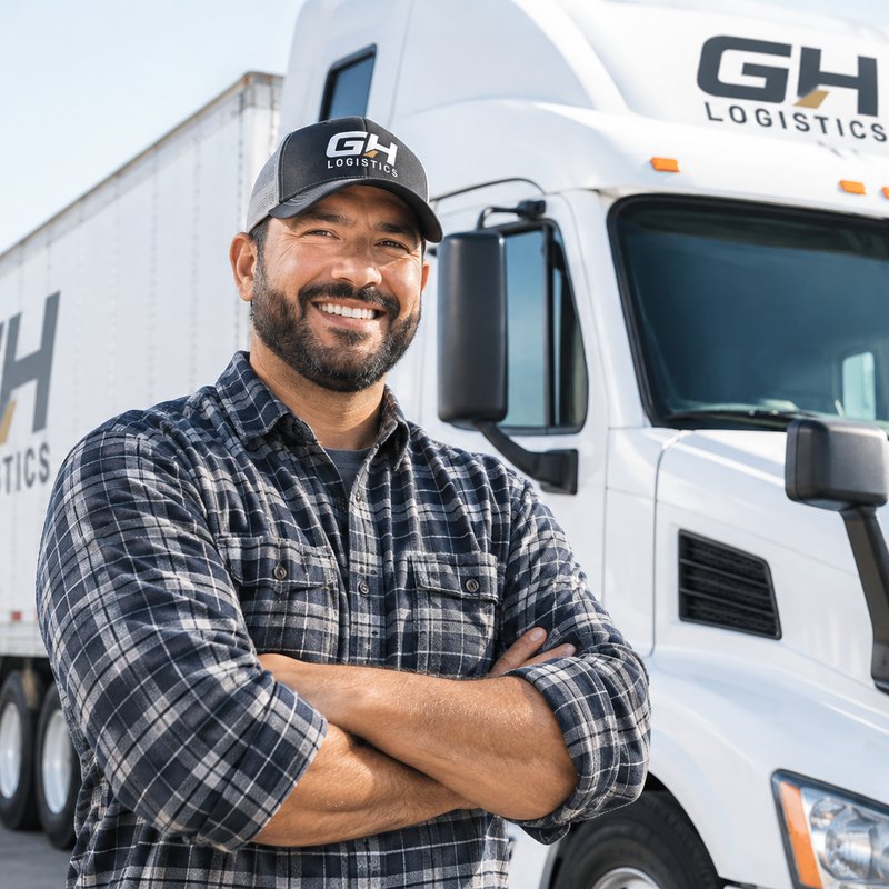 Owner-operator standing in front of his GH Logistics truck