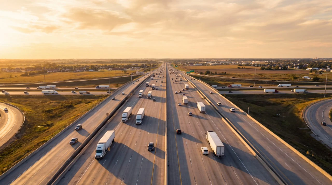 Aerial view of trucks on a San Antonio area interstate interchange at sunset